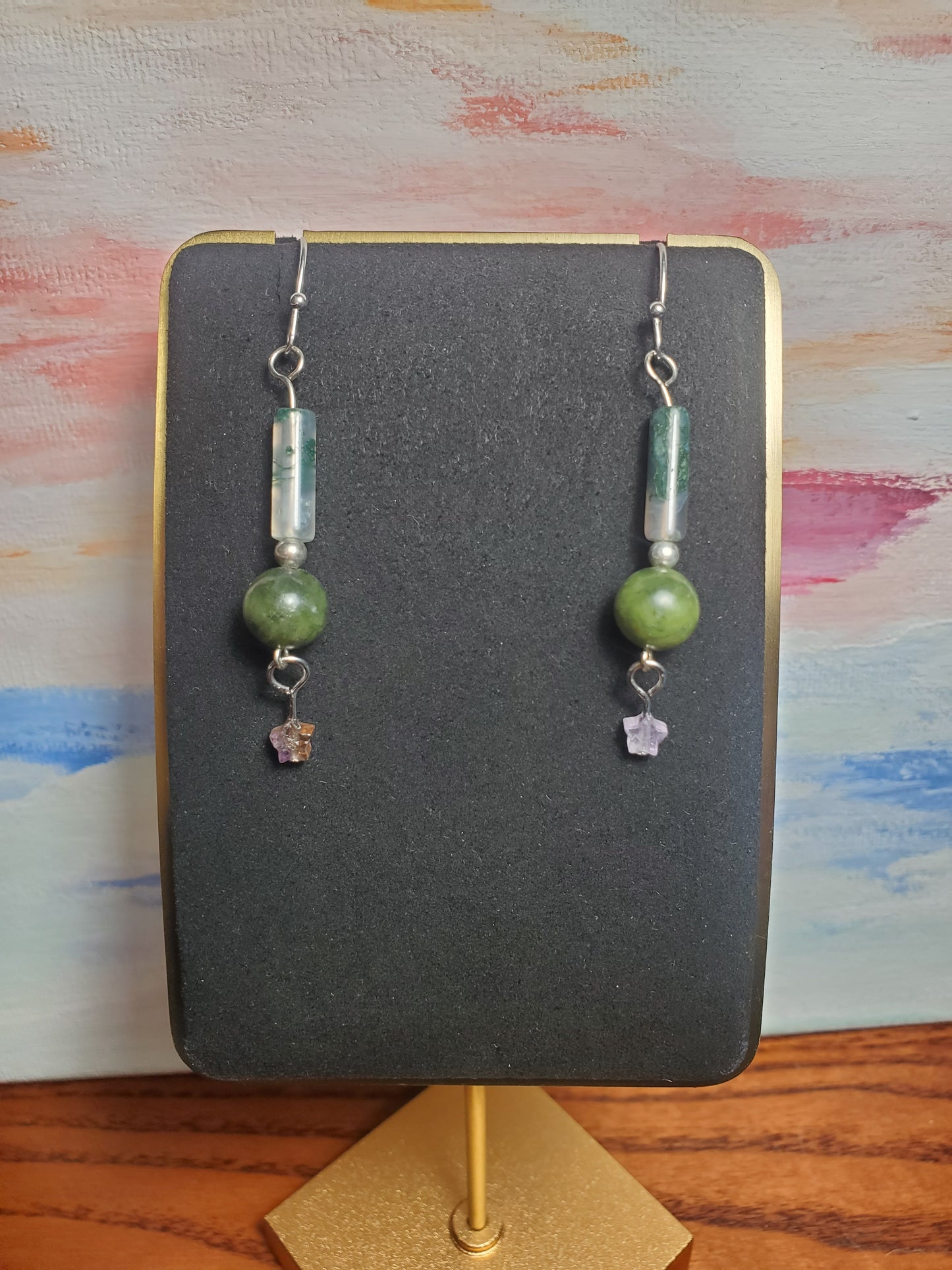 Mossy Agate, Jade and Amethyst Star Earrings