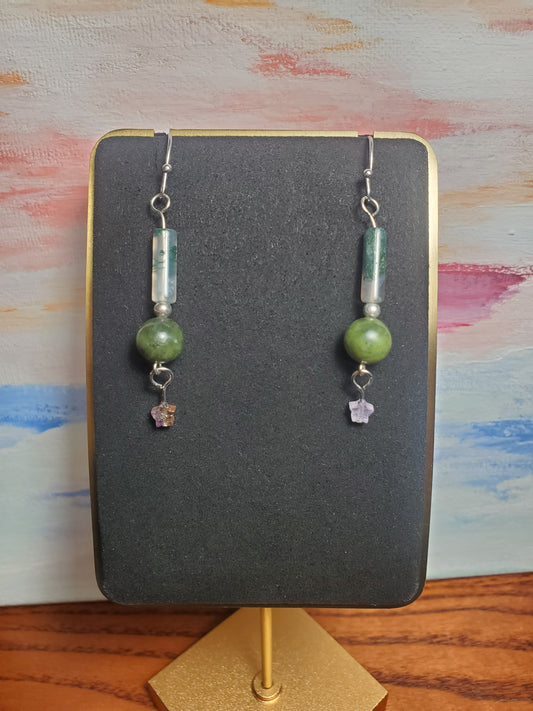 Mossy Agate, Jade and Amethyst Star Earrings