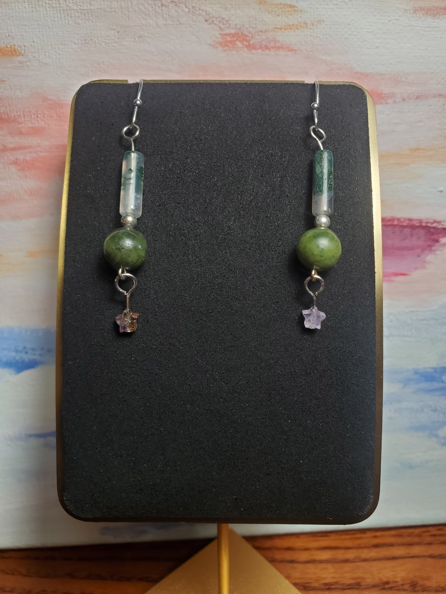 Mossy Agate, Jade and Amethyst Star Earrings