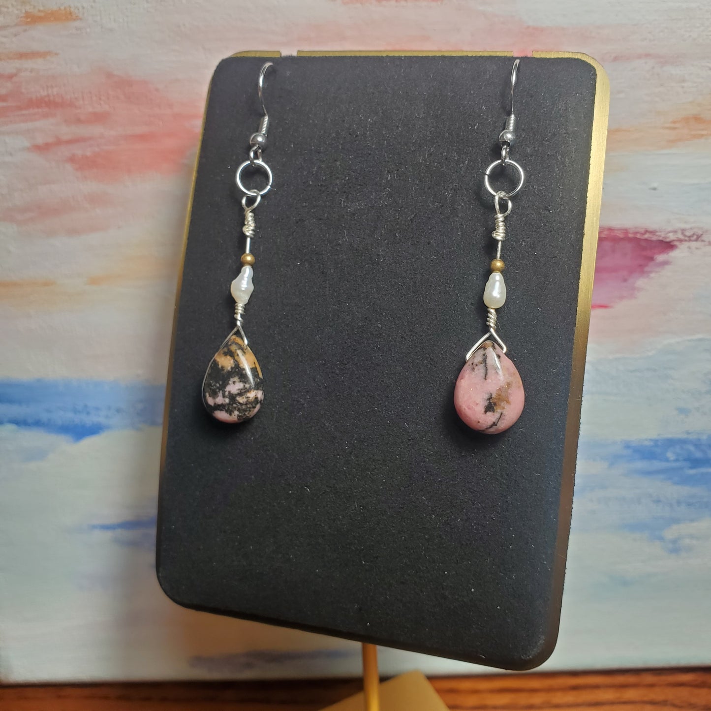 Rhodonite and Genuine Freshwater Pearl Earrings