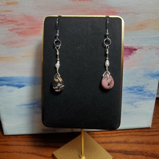 Rhodonite and Genuine Freshwater Pearl Earrings